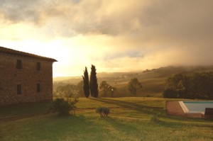 autumn in the tuscan villa with pool and light mist