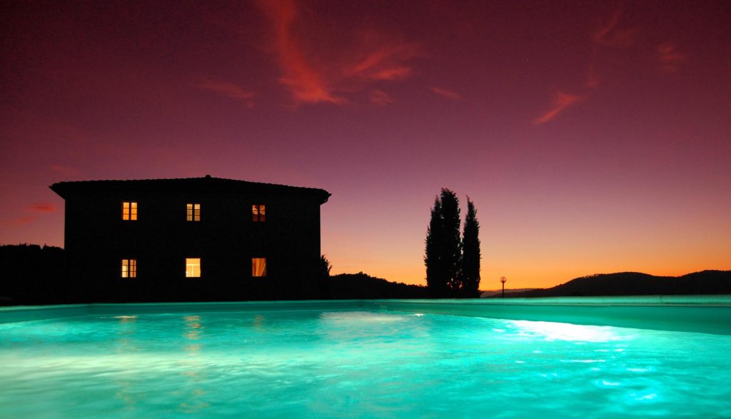 illuminated pool of the rental villa